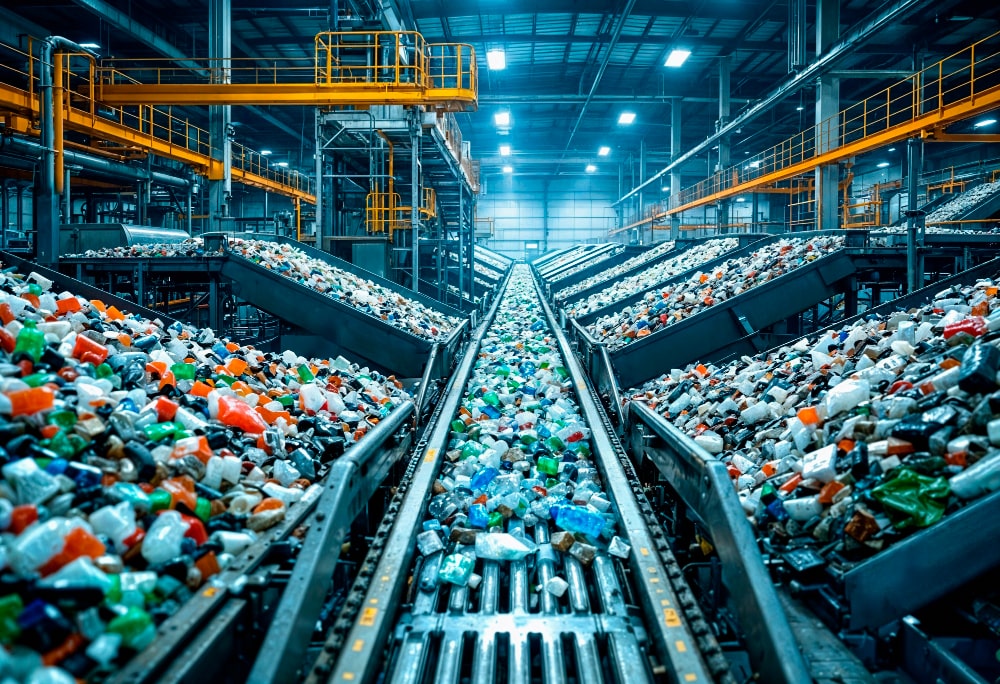 image displays a large-scale industrial plastic recycling facility in operation