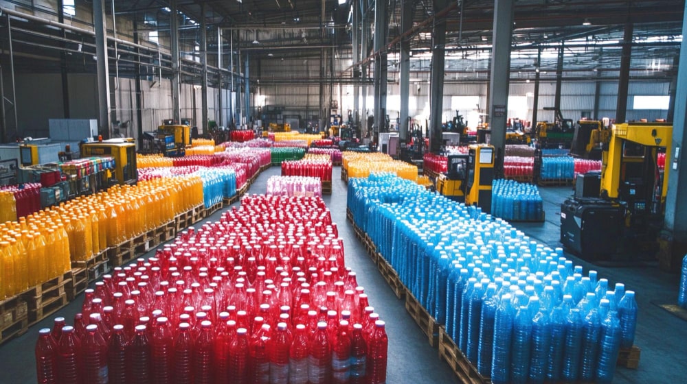 large warehouse or factory floor with pallets of bottled beverages