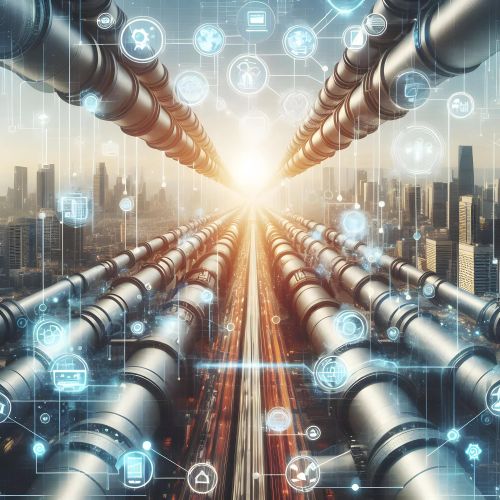 image is a conceptual representation of a "pipeline" in a technological or industrial context