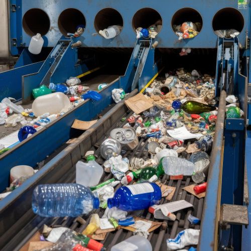 image shows plastic bottles on a conveyor belt, likely in a recycling or manufacturing facility